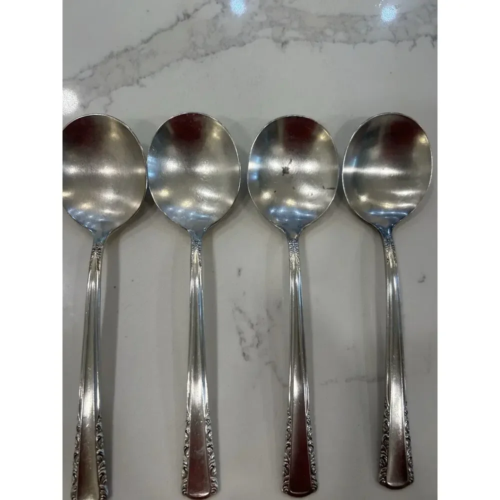 Vtg Set Of 4 Holmes & Edwards May Queen Soup Spoons 7” Silverplate Inlaid IS